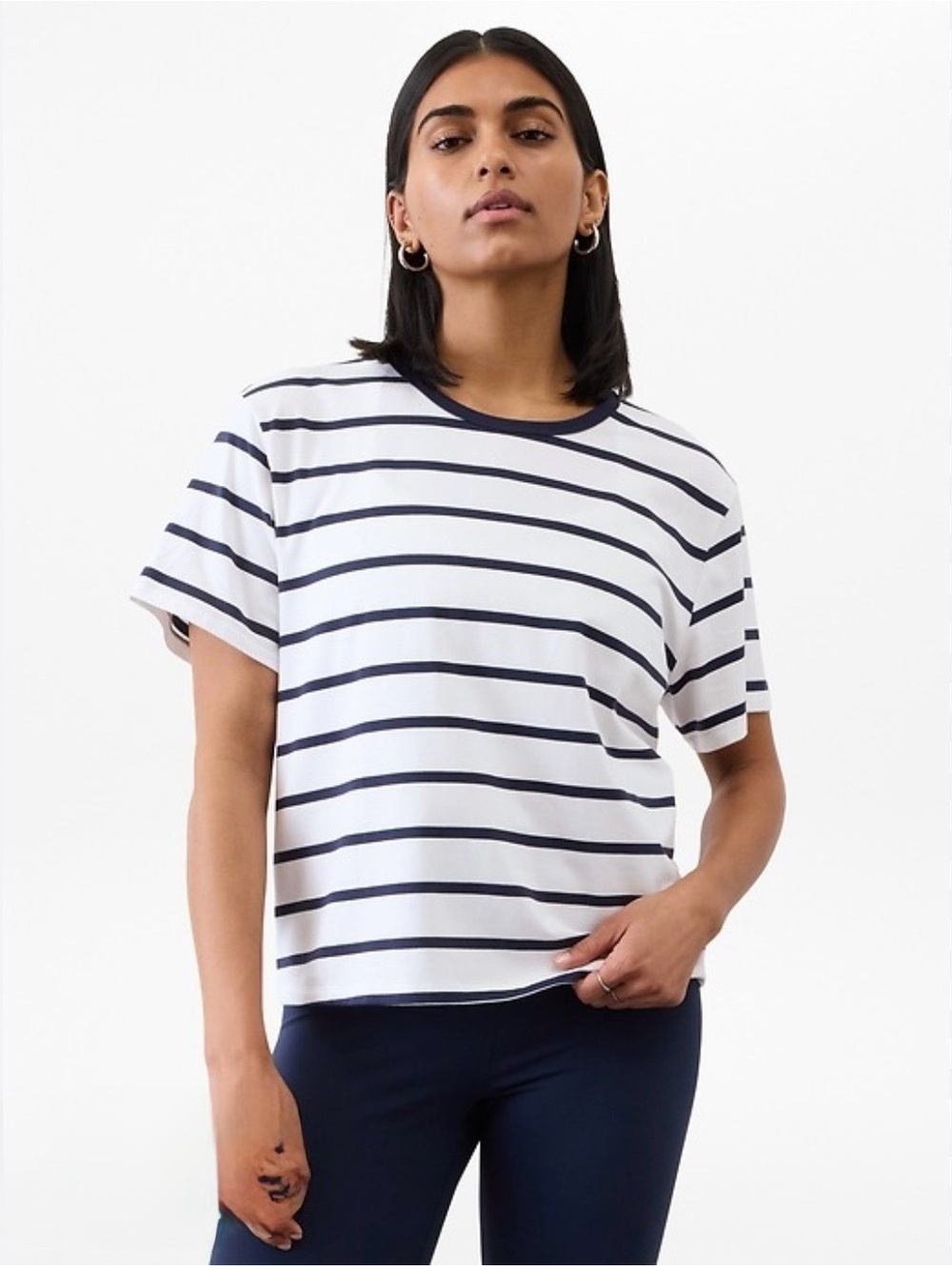 Athleta White Tee with Navy Horizontal Stripes